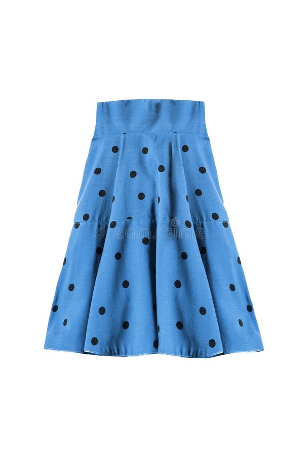 Flared skirt isolated. Retro blue skirt with black polka dots isolated over white stock images