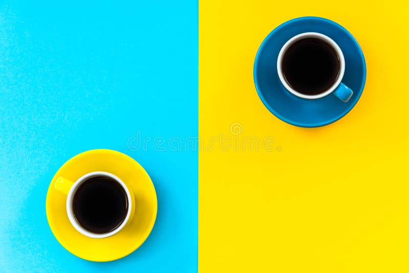 Flat lay vibrant design of minimalist pattern, coffee cups.  stock photo