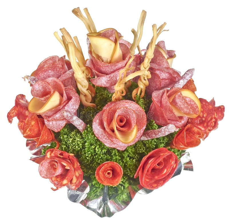 Flowers from salami , sausages and cheeses stock photo