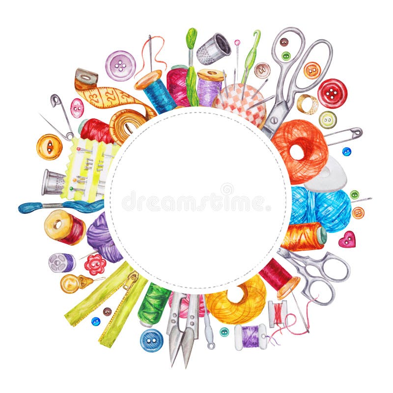 Frame of various watercolor sewing tools. Sewing kit vector illustration