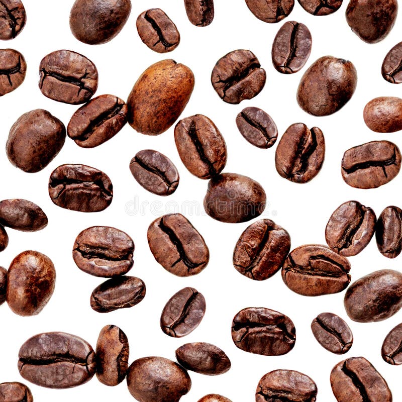Fresh roasted coffee beans isolated on white background. Coffeee Pattern. Flat lay. Top view.  royalty free stock photos