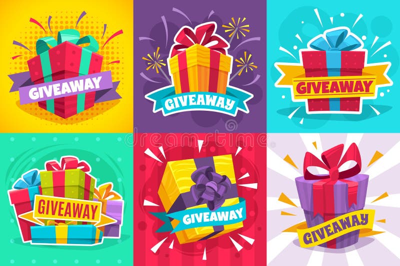 Giveaway winner poster. Gift offer banner, giveaways post and winner reward in contest, prize in boxes with ribbons stock illustration
