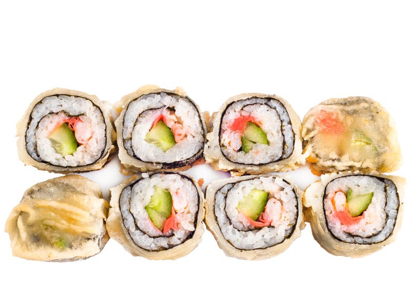 Hot sushi roll in flat cake. Over white stock photos