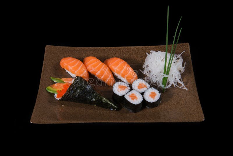 Japanese food. Japanese sushi, seafood, salmon fresh squid, salmon vegetalbe green fresh, shirmp, sashimi, fried, udon octopus rice, cake, mochi stock photography