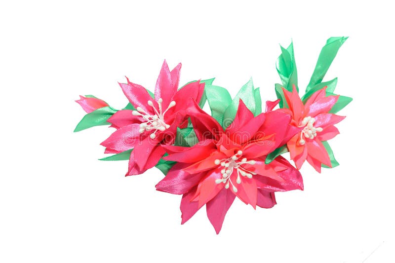 Kanzashi. Red pink artificial flower isolated on white backgroun. Kanzashi. Red pink artificial flower isolated on white stock photo