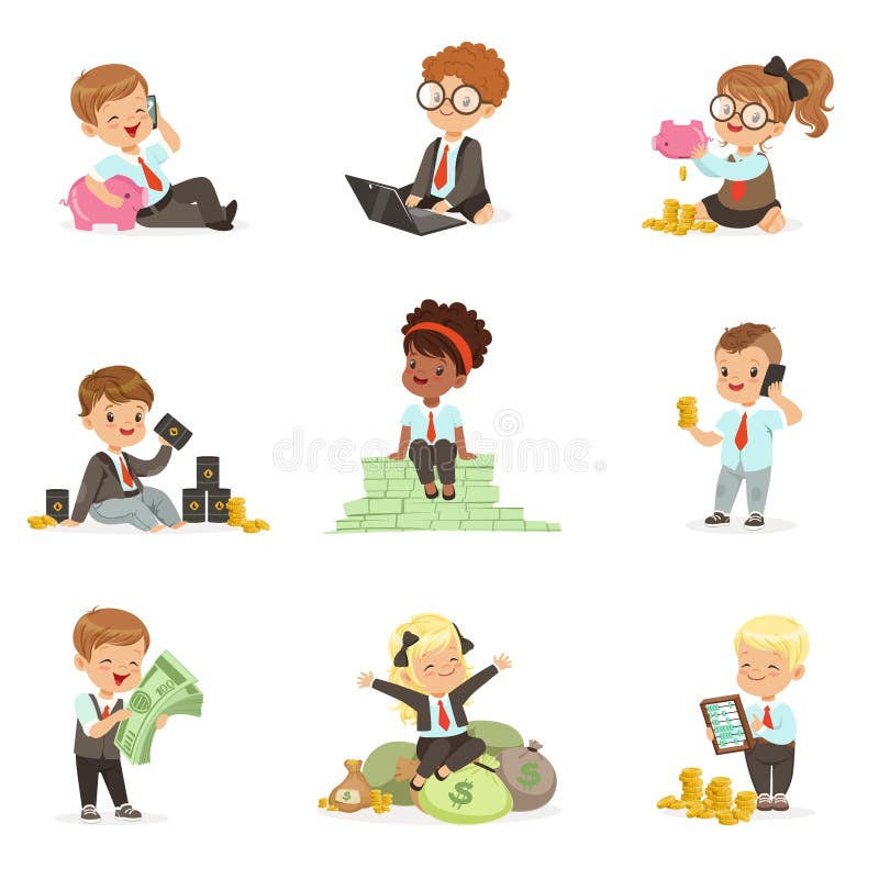 Kids In Financial Business Set Of Cute Boys And Girls Working As Businessman Dealing With Big Money stock illustration