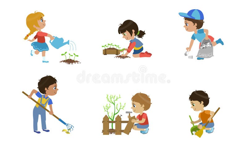 Kids Volunteers Set, Cute Children Working in Garden, Planting and Watering Trees, Trimming Bushes, Picking up Garbage stock illustration