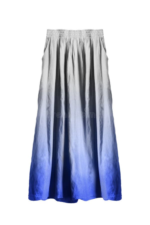 Long skirt isolated. Long flared blue and white linen skirt on white background stock photos