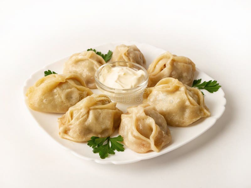 Manti, a traditional Central Asian dish with sour cream on a white plate. Sauce in the center, closeup, decorated with parsley leaves stock photo