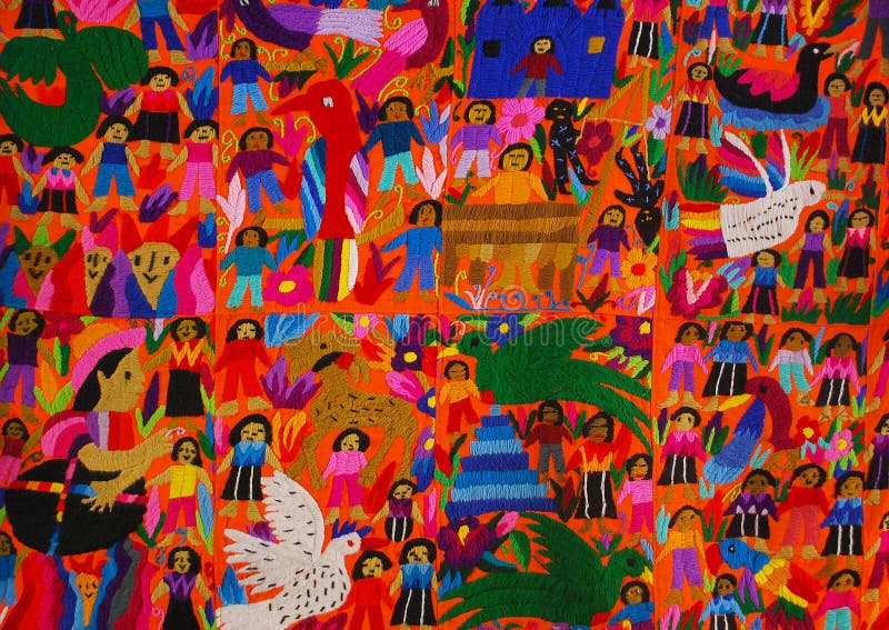 Mexican embroidery panel. Mexican embroidery with traditional motifs and native people stock image