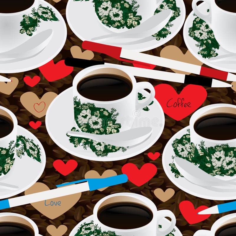 Nanyang coffee bean write pen love seamless pattern. This illustration is drawing Nanyang coffee cup and pen with decoration coffee bean and love card in stock illustration