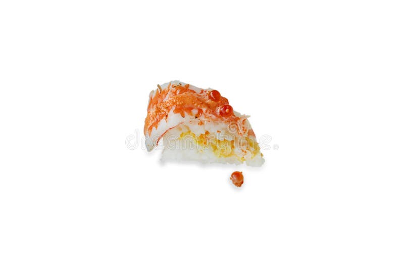 A piece of Salmon cake on white background. Die cut of Salmon sushi cake on white background isolated royalty free stock photos