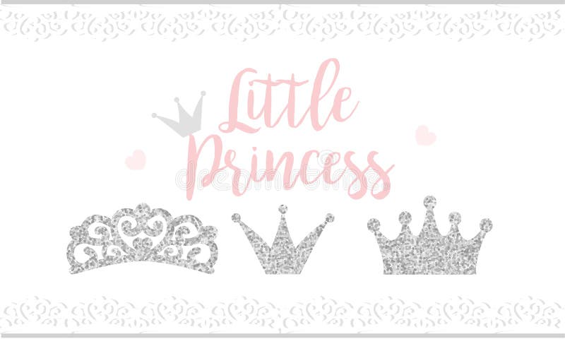 Pink text Little Princess on white background with lace. Cute silver glitter texture. Grey gloss effect. Birthday party and girl b vector illustration