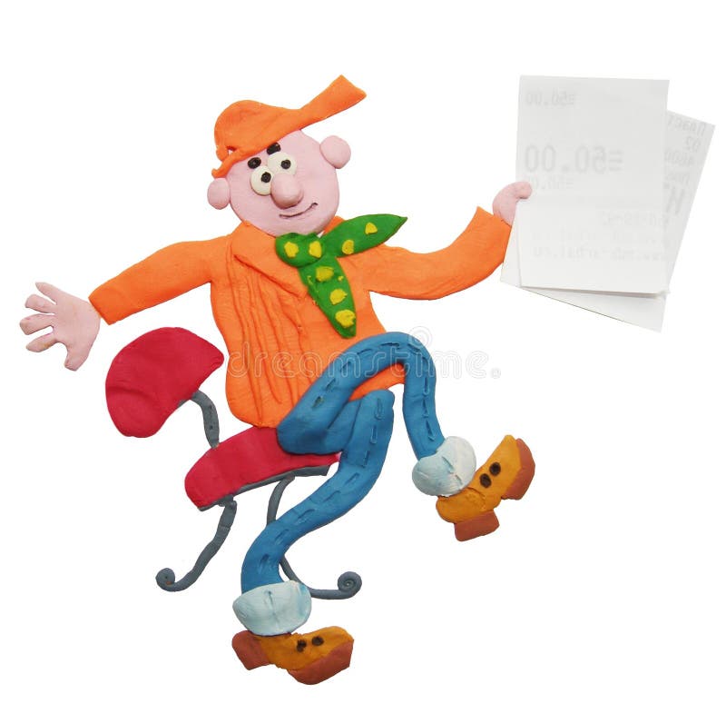 The plasticine little man. On a chair with a paper in a hand royalty free illustration