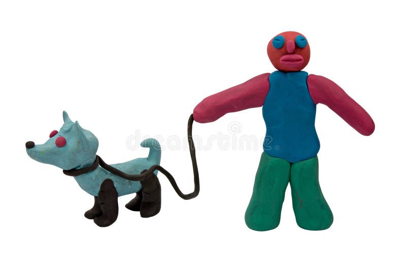 Plasticine man with a dog. Isolated on white royalty free stock image