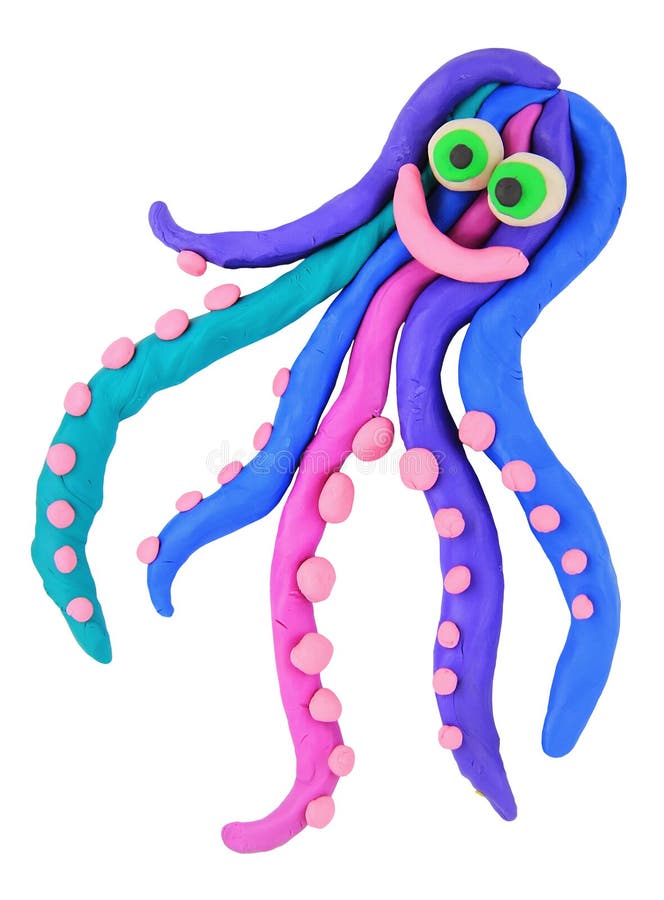 Plasticine octopus. Child hand made plasticine smile octopus stock photos