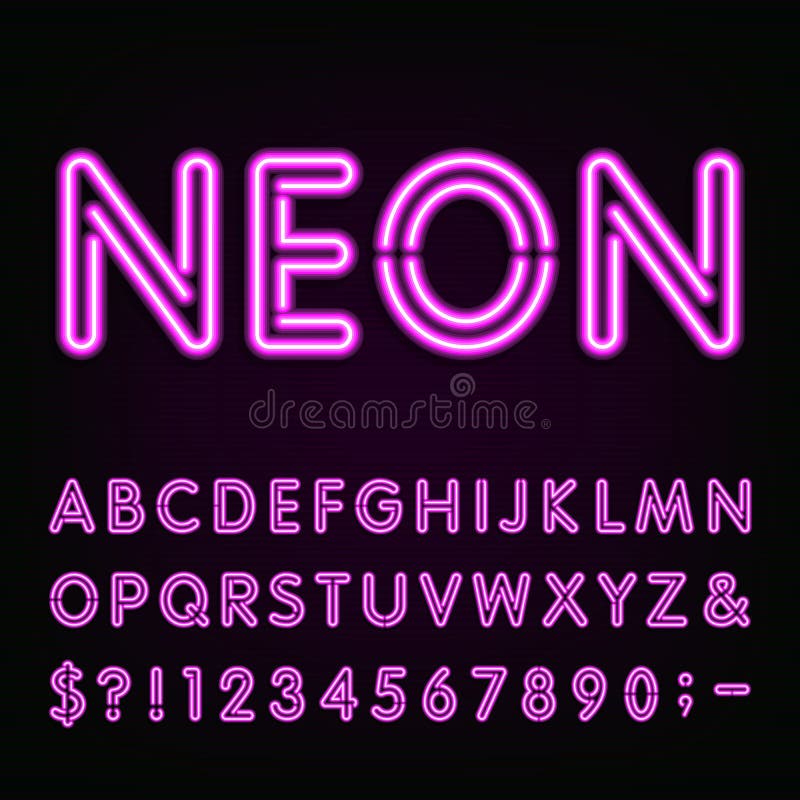 Purple Neon Light Alphabet Font. royalty free illustration