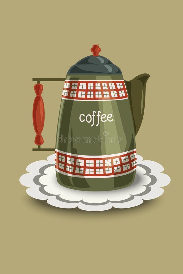 Restored vintage enamel coffee pot with checkered patterns. And wooden handle. Vector illustration, hand drawing royalty free illustration