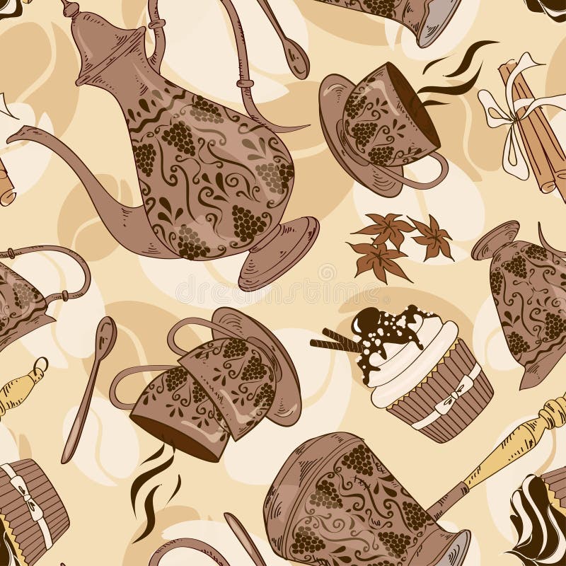 Seamless pattern of coffee service. Abstract seamless pattern of ancient coffee service stock illustration