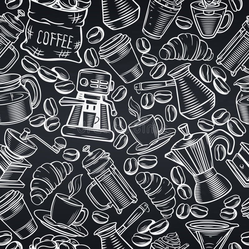 Seamless pattern coffee. Vector seamless pattern coffee design with sketch cups, hot drinks, French press, brewer for menu cafe . Chalkboard style stock illustration