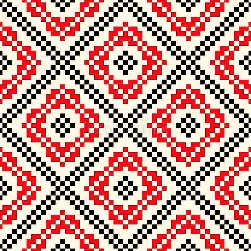 Seamless pattern with ethnic geometric abstract ornament. Cross stitch slavic embroidery motifs. Decorative elements in traditional red and black colors on royalty free illustration