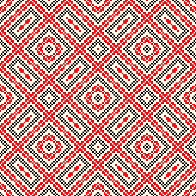 Seamless pattern with ethnic geometric abstract ornament. Cross stitch slavic embroidery motifs. Decorative elements in traditional red and black colors on stock illustration