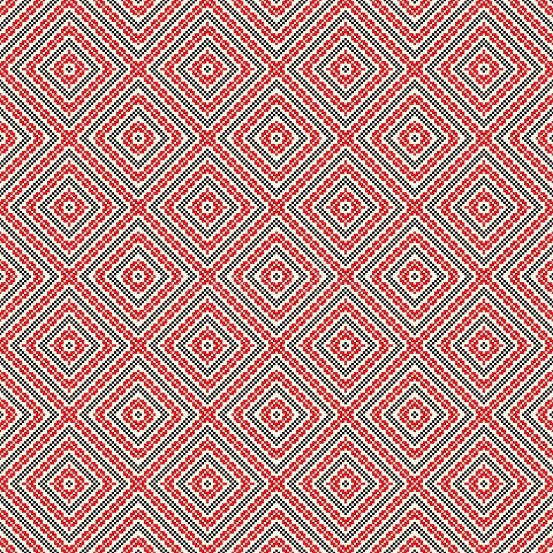 Seamless pattern with ethnic geometric abstract ornament. Cross stitch slavic embroidery motifs. Decorative elements in traditional red and black colors on vector illustration