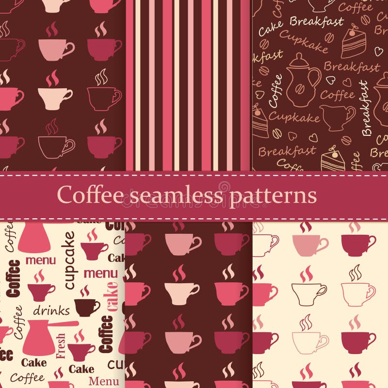 Set of coffee seamless patterns. Set of seamless patterns with cups, coffee pots and letterings vector illustration