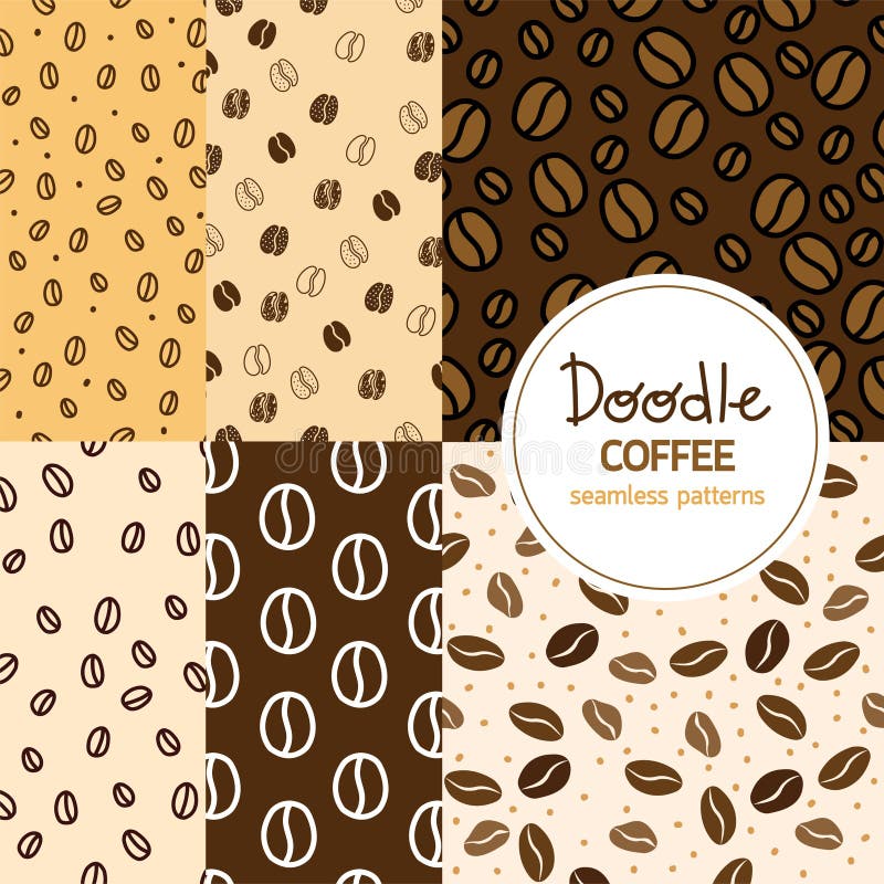 Set of 6 doodle coffee seamless patterns. For fashion print , menu , wallpaper vector illustration