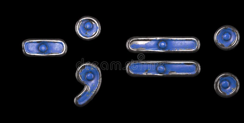 Set of symbols tilde, semi-colon, equals, colon made of painted metal with blue rivets on black background. 3d stock illustration