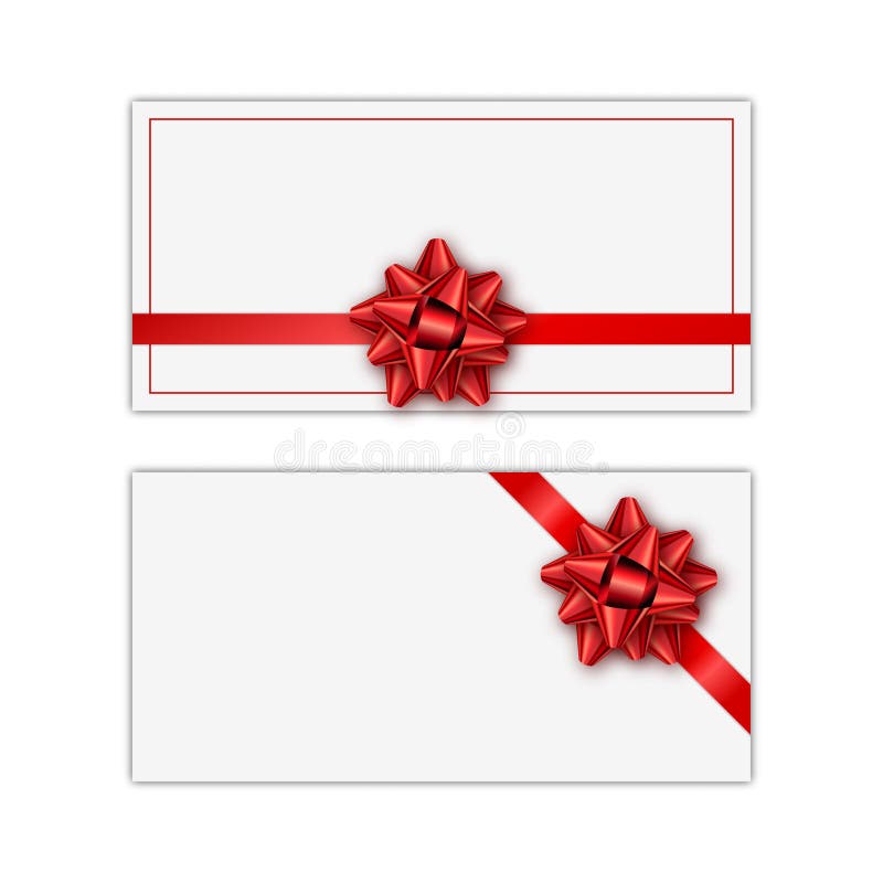 Set of white holiday gift card with red ribbon and bow. Template for a business card, banner, poster, notebook stock illustration