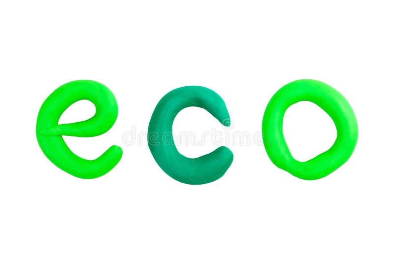 Simple green eco word, ecology short text logo isolated on white, cut out font Handmade crafted plasticine letters. Kids, children royalty free stock image