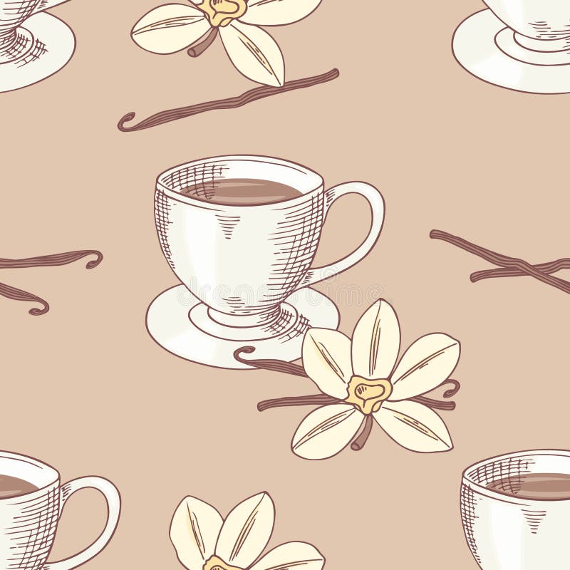 Sketched coffee cup with vanilla flower seamless pattern. Sketched coffee cup with vanilla flower and bean seamless pattern in vector. Hand drawn illustration royalty free illustration