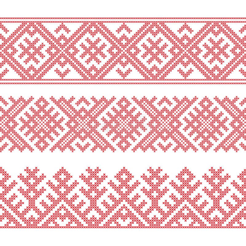 Slavic ethnic borders, seamless pattern, cross stitch embroidery style. Pattern brushes are included vector illustration