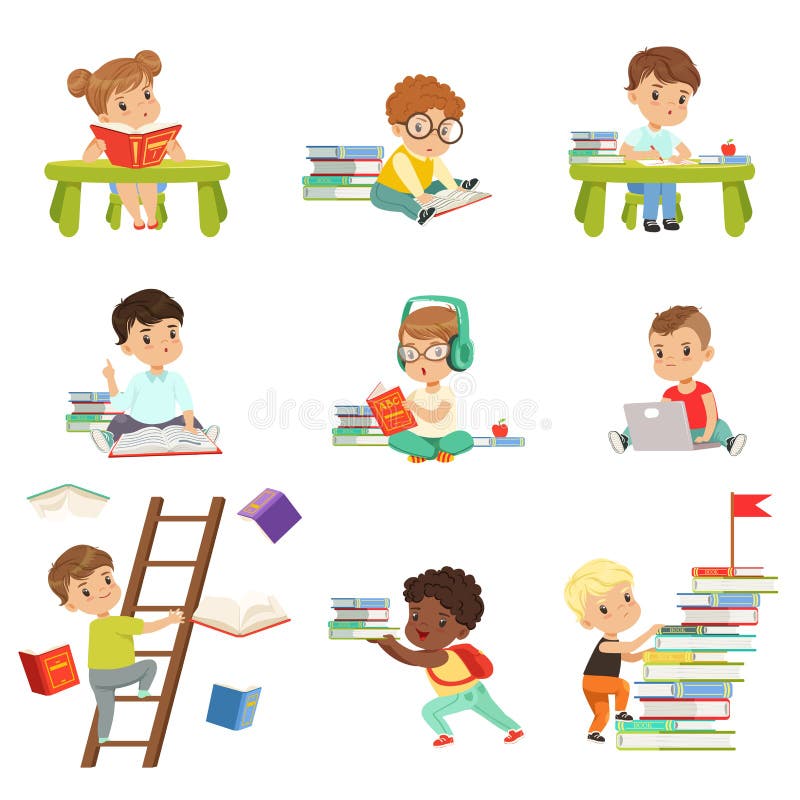 Smart little kids reading books set, cute preschool children learning and studying vector Illustrations on a white stock illustration