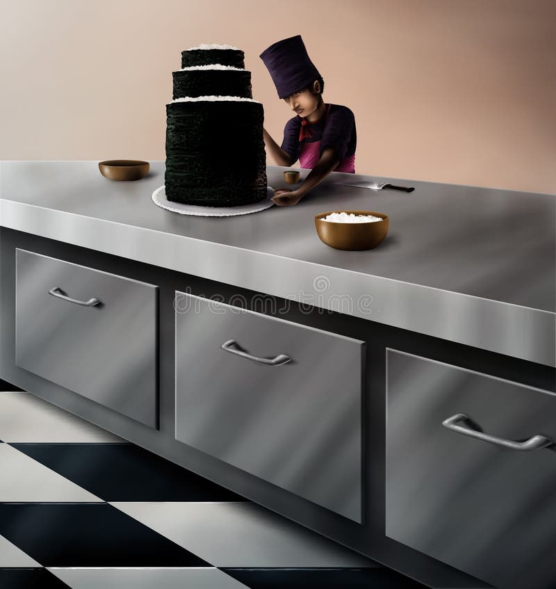 Sushi Cake Chef. A digital painting of a Japanese sushi chef in the kitchen of an upscale restaurant creating a giant sushi cake stock image