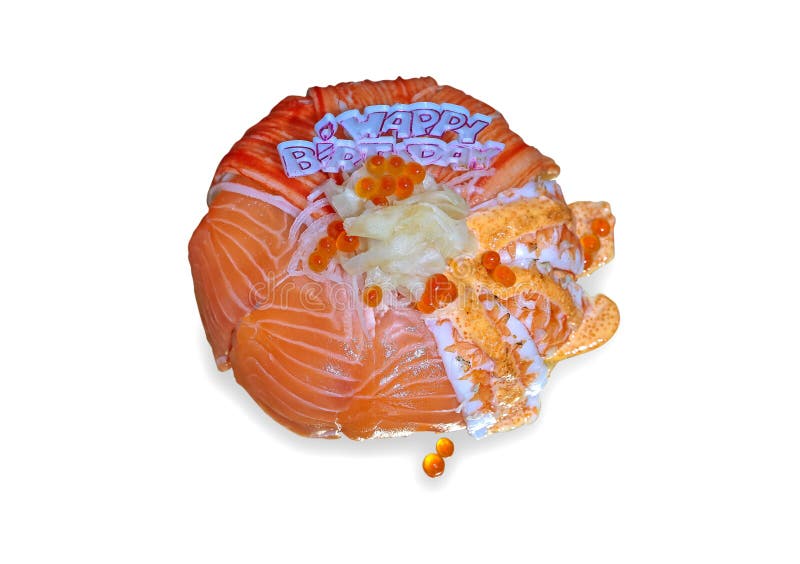 Top view of Birthday salmon cake. Top-view die cut of Happy birthday, Salmon sushi cake on white background isolated stock photo