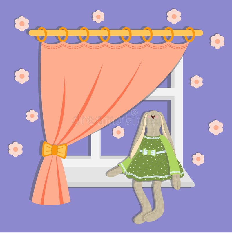 A toy tilde hare sits on a windowsill. vector illustration