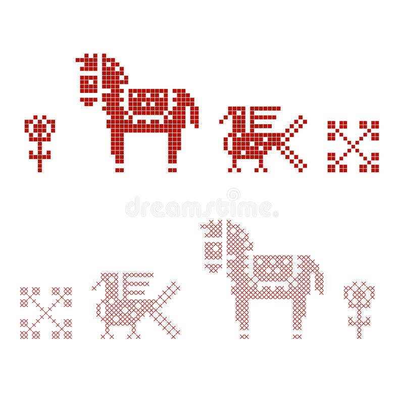 Traditional slavic embroidery patterns. In squares and cross-stitching. Vector illustration of a horse, flower, fire bird red figures as used in russian vector illustration