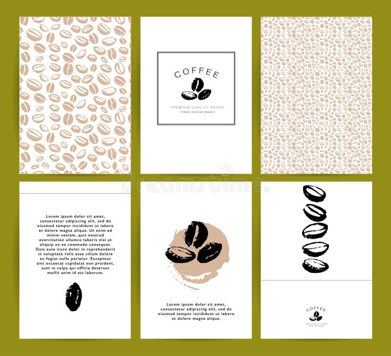 Vector collection of artistic cards with coffee emblems & logo, hand drawn coffee beans & seeds, textures & patterns. Coffee company shop insignia design vector illustration
