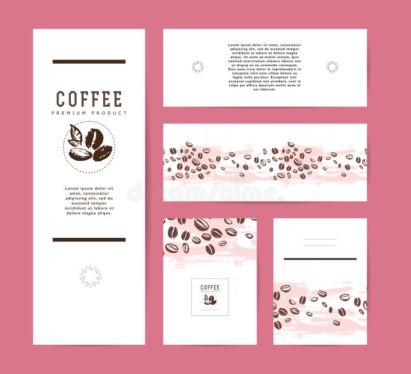 Vector collection of artistic cards with coffee emblems & logo, hand drawn coffee beans & seeds, textures & patterns. Coffee company shop insignia design stock illustration