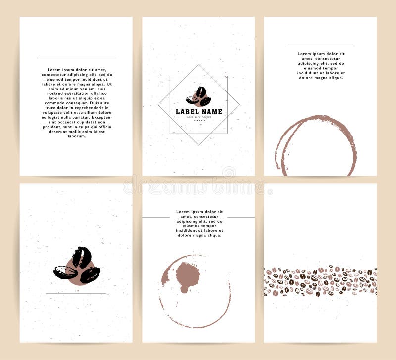 Vector collection of artistic cards with coffee emblems & logo, hand drawn coffee beans & seeds, textures & patterns. Coffee company shop insignia design royalty free illustration