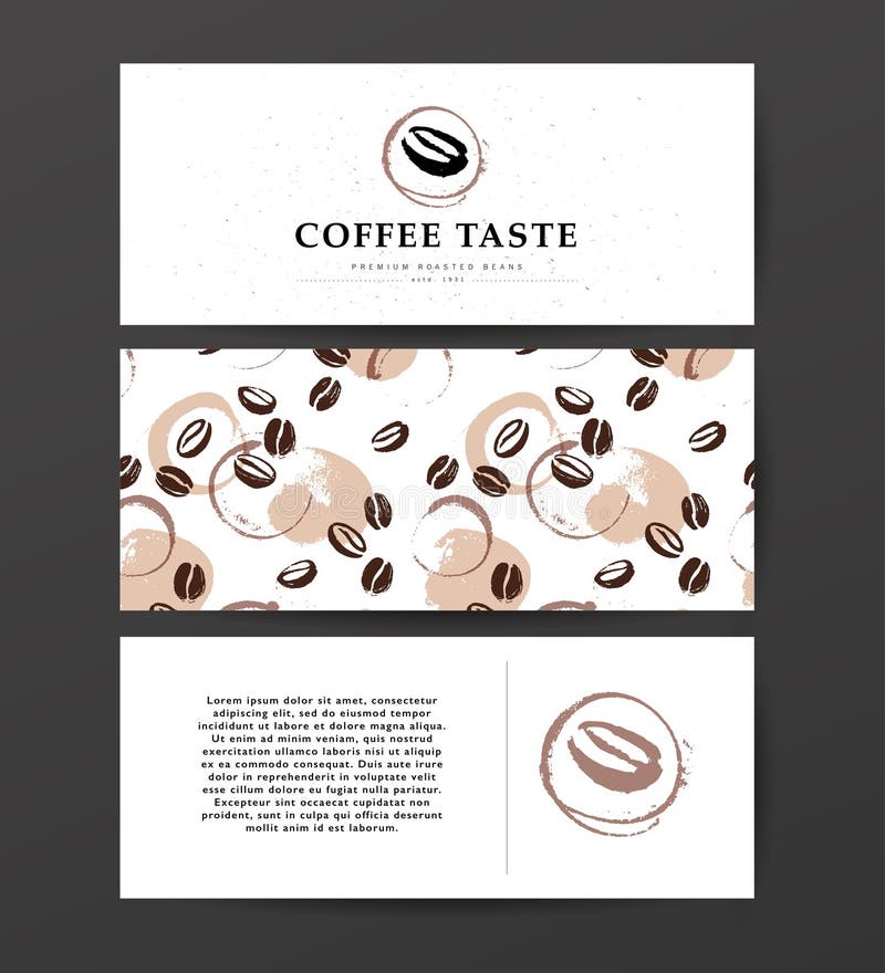 Vector collection of artistic cards with coffee emblems & logo, hand drawn coffee beans & seeds, textures & patterns. Coffee company shop insignia design stock illustration