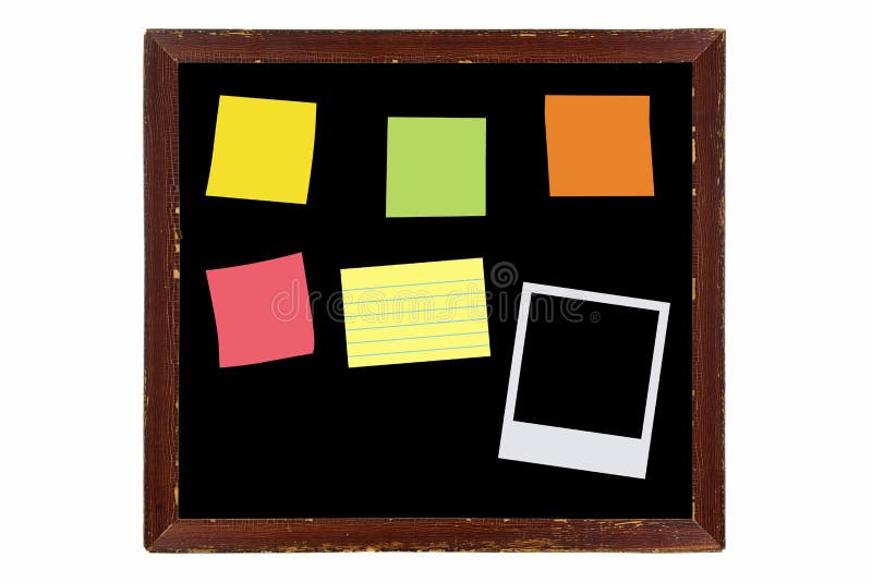 Wooden picture frame made of wood in brown with sticky notes, in royalty free stock photo