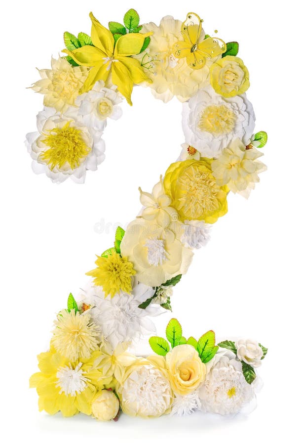 Yellow-white handicraft number 2 made of paper flowers on a white background royalty free stock photos