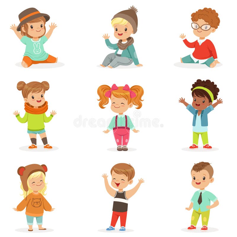 Young Children Dressed In Cute Kids Fashion Clothes, Set Of Illustrations With Kids And Style stock illustration