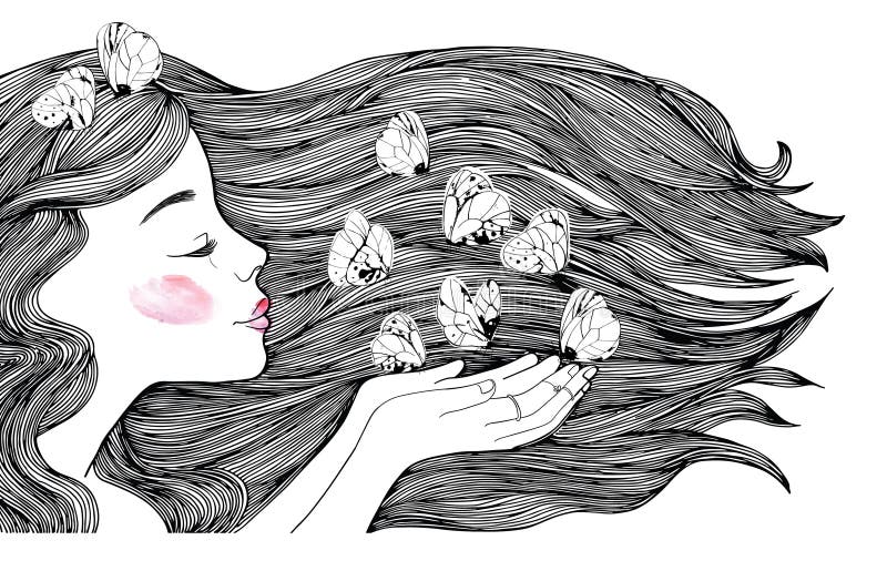 Young girl profile portrait.and white butterflies. Black and White Fashion illustration. vector illustration