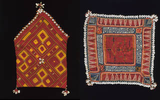 Left to right: Banjara bag, embroidered with cotton and cowrie shells, makers unknown, 20th century, Karnataka, India. Museum no. IS.474-1993. © Victoria and Albert Museum, London; Rumal (coverlet), cotton appliqued and embroidered with silk and cowrie shells, makers unknown, 20th century, Khandesh, India. Museum no. IS.476-1993. © Victoria and Albert Museum, London