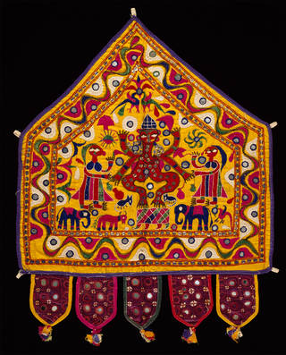 Wall hanging, cotton embroidered with floss silk, sequins and mirror-glass, makers unknown, mid-20th century, Gujarat, India. Museum no. IS.18-1967. © Victoria and Albert Museum, London. Given by R. W. Skelton