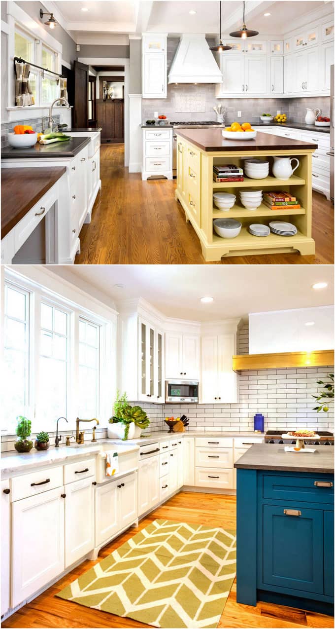 white kitchen with colorful kitchen island paint colors